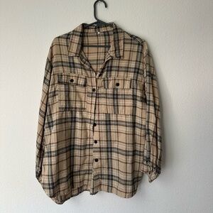 Plaid Flannel, Women's Outerwear Tan and Beige, Fall Outerwear Size Large